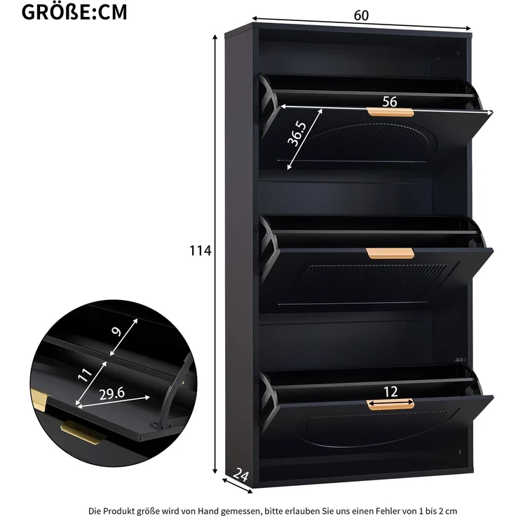 Kommode 60x24x114 cm, schmaler Schuhkipper in Schwarz aus MDF und Spanplatte, kippsicher – Bild 5