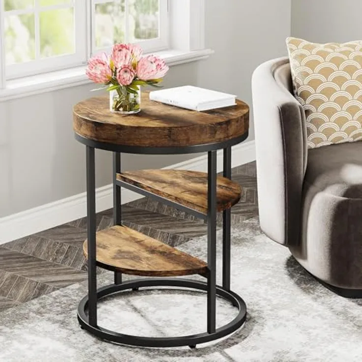 LITTLE TREE Beistelltisch rund, Kleiner Couchtisch mit Ablage - 3 Ebenen, runder moderner Kaffeetisch mit Metallgestell für Wohnzimmer Schlafzimmer, Industrie-Design, vintagebraun-schwarz