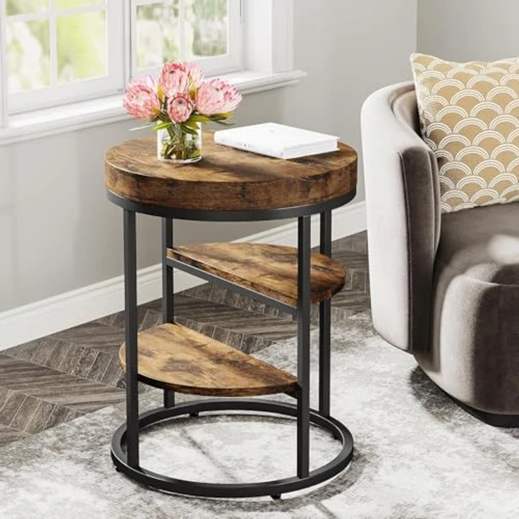 LITTLE TREE Beistelltisch rund, Kleiner Couchtisch mit Ablage - 3 Ebenen, runder moderner Kaffeetisch mit Metallgestell für Wohnzimmer Schlafzimmer, Industrie-Design, vintagebraun-schwarz – Bild 1