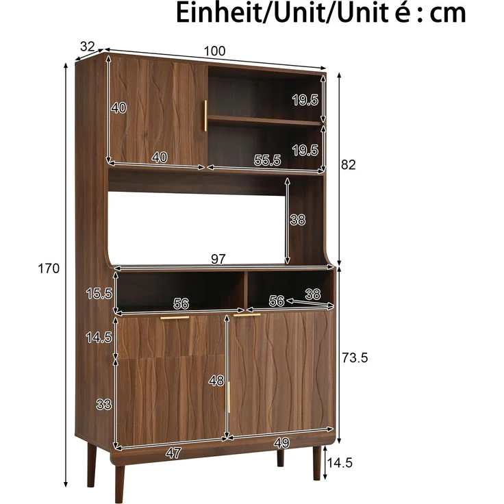 Sideboard,Hochschrank Küchenschrank Buffet Schrank Stauraumschrank mit Schublade Türen offene Regale MDF PB Holzschrank mit Massivholz Füßen--Nussbaum--100x32x170cm--YOUDENOVA – Bild 4
