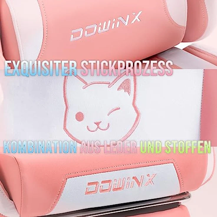 Dowinx Gaming Stuhl - Süße Katze Edition - Ergonomischer Computerstuhl mit Hoher Rückenlehne und Lendenwirbelstütze, PU-Leder, Fußstütze,Rosa – Bild 6