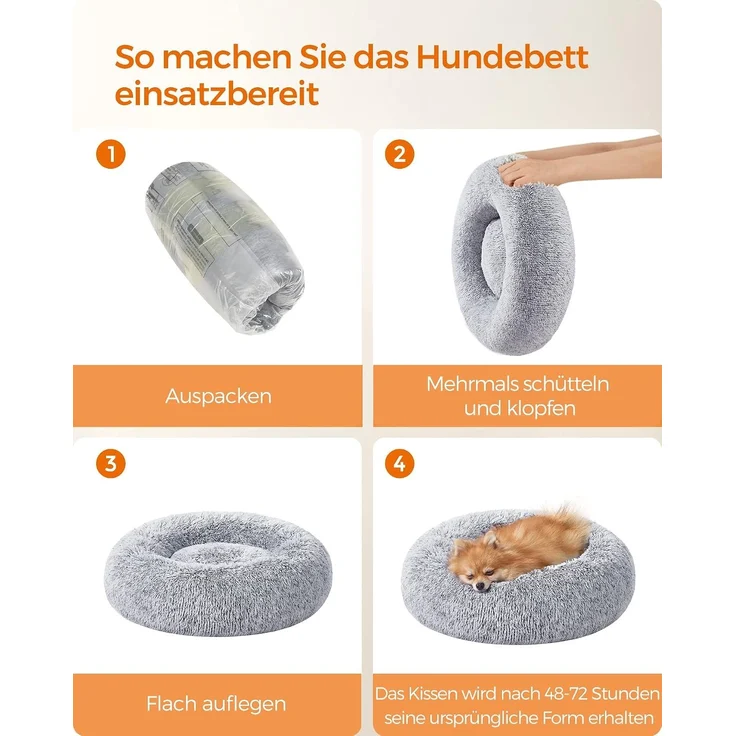 Feandrea Hundebett flauschig, Katzenbett, Donut Kissen, waschbar, Polsterung in der Mitte herausnehmbar, langer Plüsch, 60 cm Durchmesser, Ombré-Grau – Bild 8