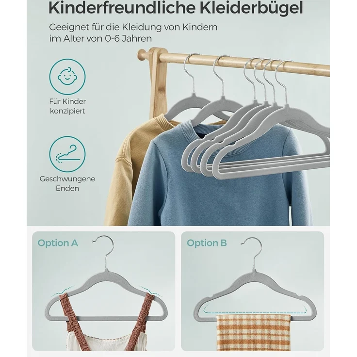 SONGMICS Kinderkleiderbügel, 50er Set Kleiderbügel Kinder, Baby-Kleiderbügel, Bügel Samt, 360° drehbarer Haken in Silber, platzsparend, rutschfest, für Kleiderschrank, Taubengrau CRF027G05 – Bild 6