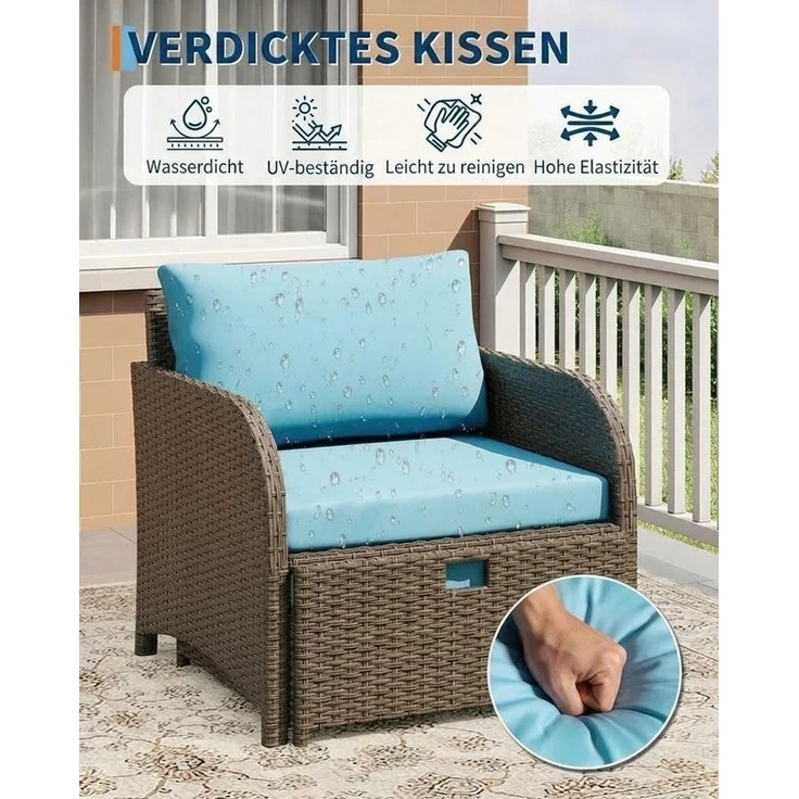 GarveeMore Gartenlounge-Set Terrassenmöbel mit Tisch,5 teilig Rattan Balkonmöbel Kleiner Balkon, Gartenmöbel Set Balkonset 2 Rattansessel mit Hocker,Outdoor Sitzgruppe – Bild 3