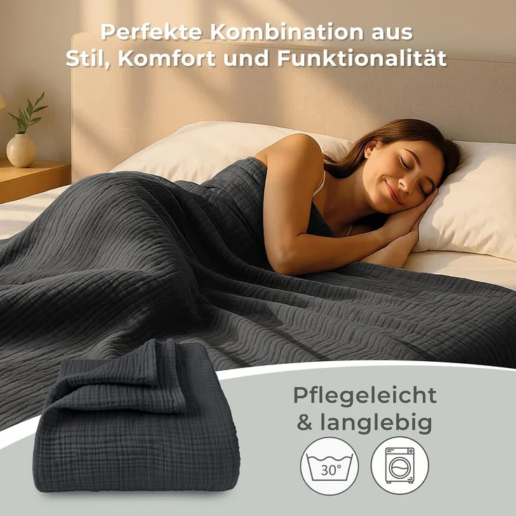 Laynenburg Tagesdecke Musselin aus 100% Baumwolle – Baumwolldecke, Kuscheldecke, Wohndecke als Sommerdecke, Bett-Überwurf, Couch-Überwurf, Sofa-Decke – Bild 7