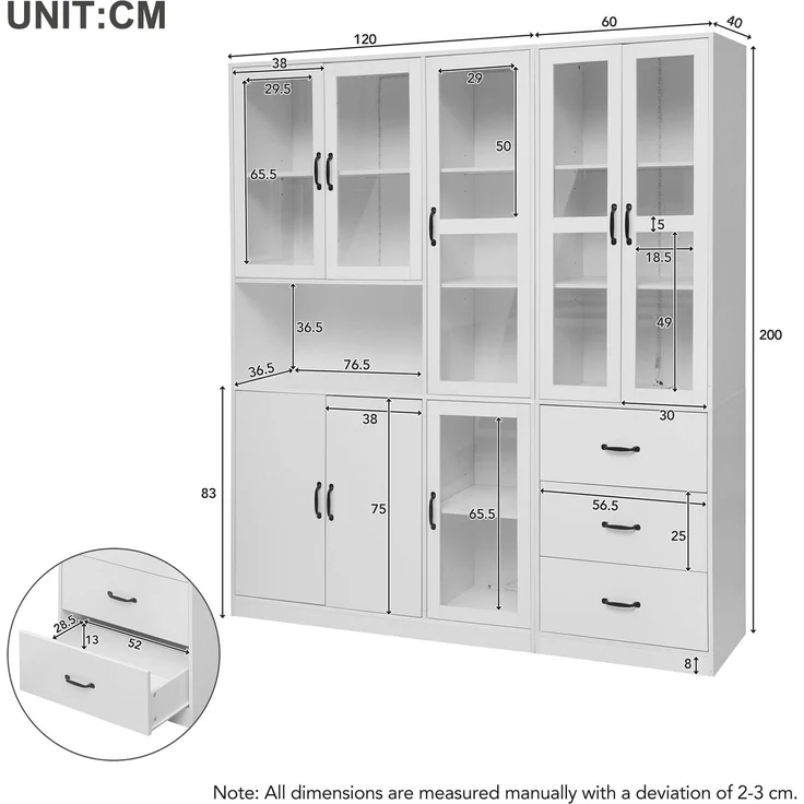 Vitrinen-Set 180x40x200 cm, weiß, mit LED, 8 Türen und 3 Schubladen – Bild 5