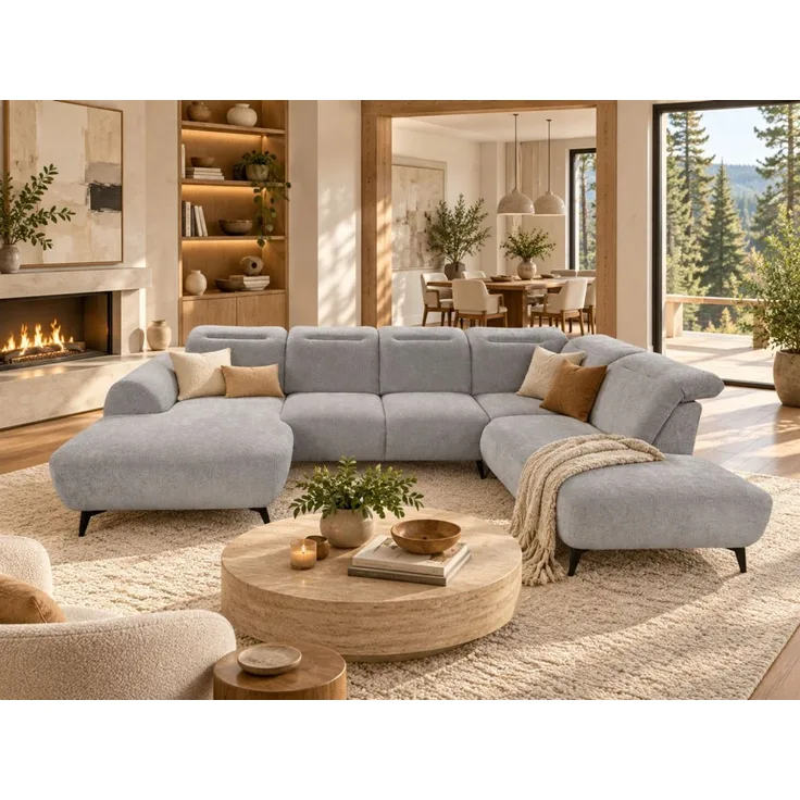 Wohnlandschaft Sofa U-Form ALETTE in Stoff Doha Grau Lange Schenkel Rechts