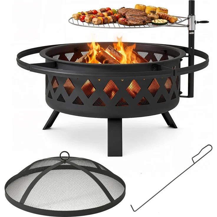 Aoxun Feuerschale mit Grillrost und Funkenschutz, 2-in-1 Feuerstelle für Garten & Terrasse, 360° Schwenkgrill mit Höhenverstellung, 77x77x53,5cm, Outdoor Feuerkorb zum Grillen und Heizen,Schwarz – Bild 1