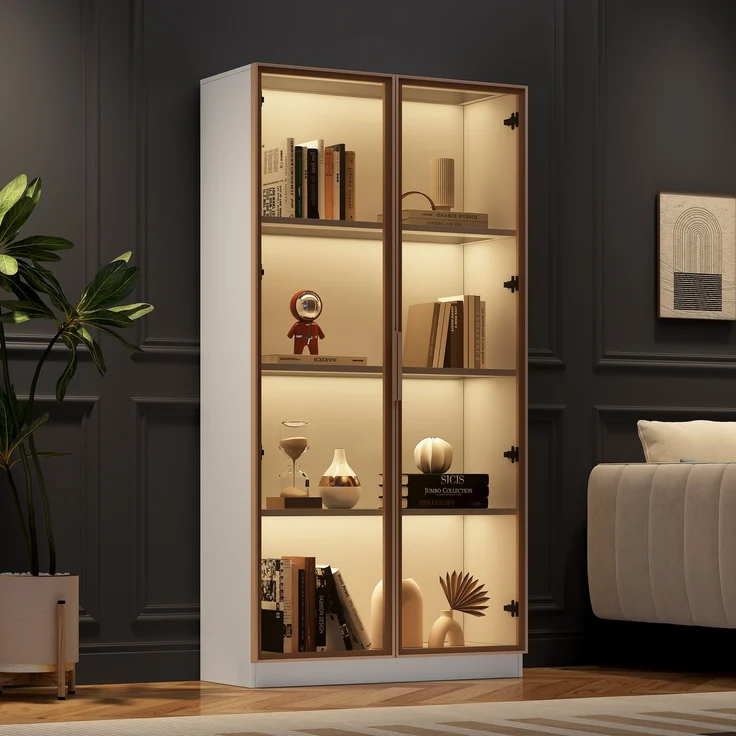 Glasvitrine mit LED-Beleuchtung, doppeltürige Vitrine mit beweglichen Einlegeböden, 80*40*160cm,Hochschrank für Wohnzimmer, Standvitrine,Badezimmerschrank--Weiß--80x40x160cm--YOUDENOVA – Bild 1
