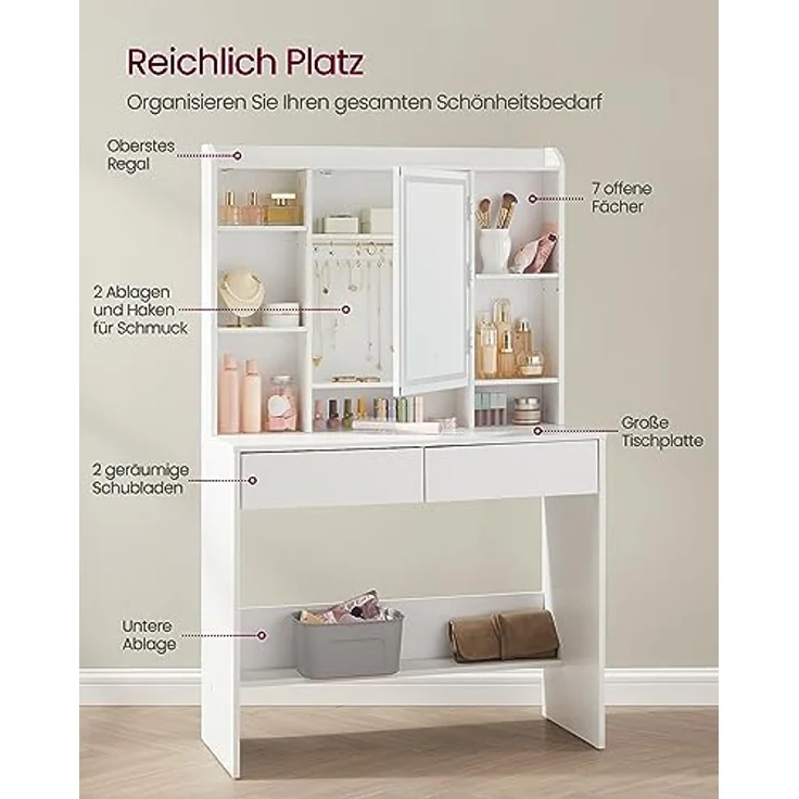 VASAGLE Schminktisch mit Beleuchtung, einstellbare Helligkeit, Hocker, Frisiertisch mit Spiegel, Kosmetiktisch mit verstellbaren Ablagen, 2 Schubladen, modern, wolkenweiß und pastellrosa – Bild 5