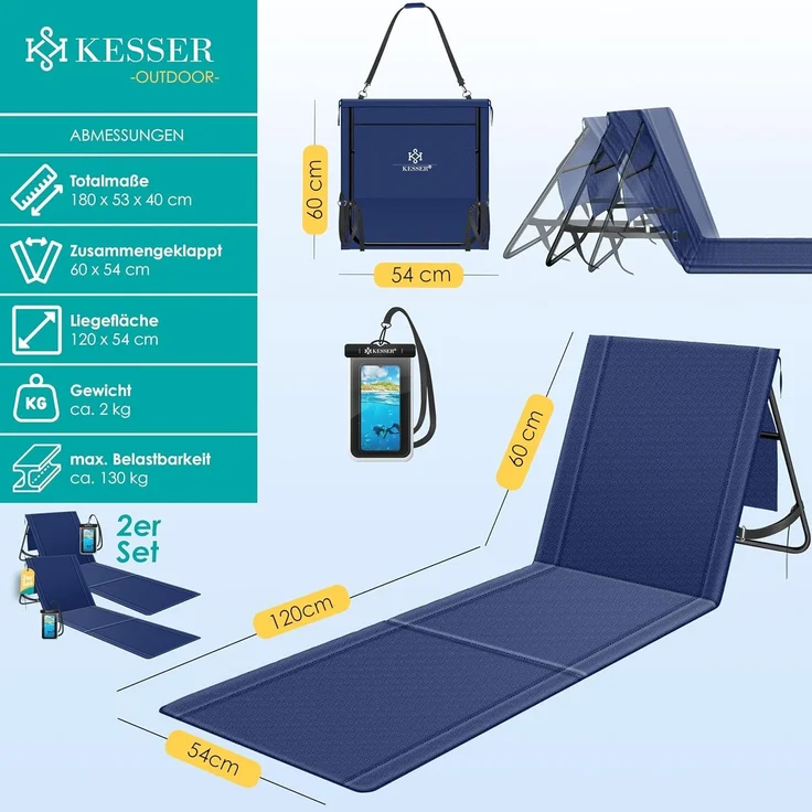 KESSER® 2er Set Strandmatte klappbar mit Verstellbarer Rückenlehne, Tragegurt, wasserdichter Tasche & Aufbewahrung – Faltbare Sonnenliege für Strand, Garten & Terrasse je 130 kg belastbar – Bild 2