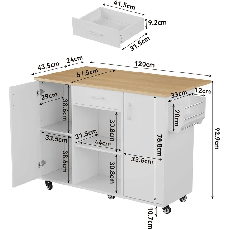 ZUBALIYA Küchenwagen 120 cm Arbeitsplatte – klappbare Arbeitsplatte, Schublade und 2 Schränke, 5 Rollen, 2 mit Bremse, Gewürzregal und Handtuchhalter, MDF, Weiß, Eichenoptik – Bild 8