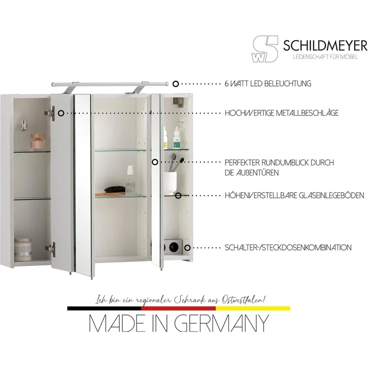 Spiegelschrank Doro / Dorina, Glas, Holzwerkstoff, Weiß, Verspiegelt, 70 x 75 x 16 cm – Bild 4