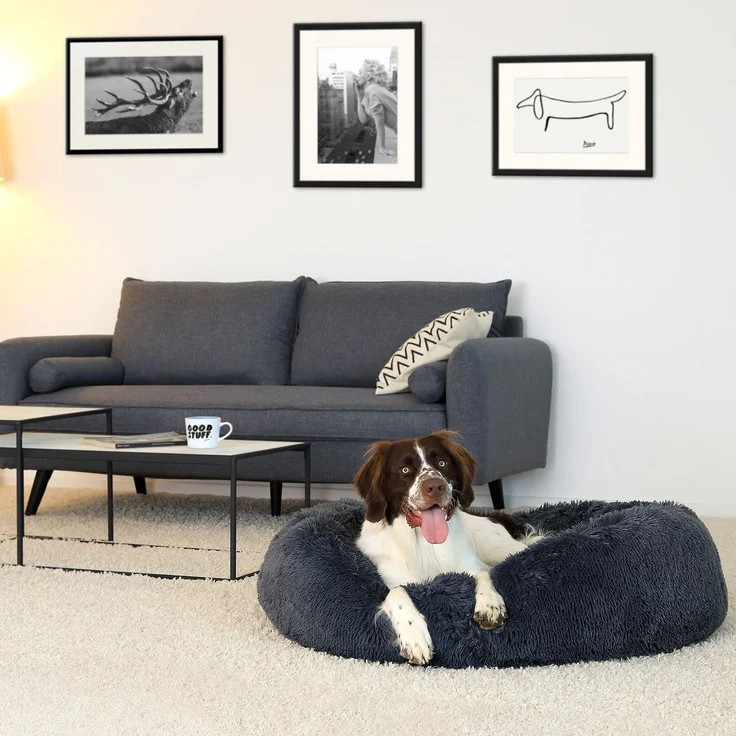 lionto Donut Hundebett, rundes Hundesofa mit Plüschbezug & Anti-Rutsch-Noppen, weich & gemütlich, 100 cm Durchmesser, dunkelgrau – Bild 2