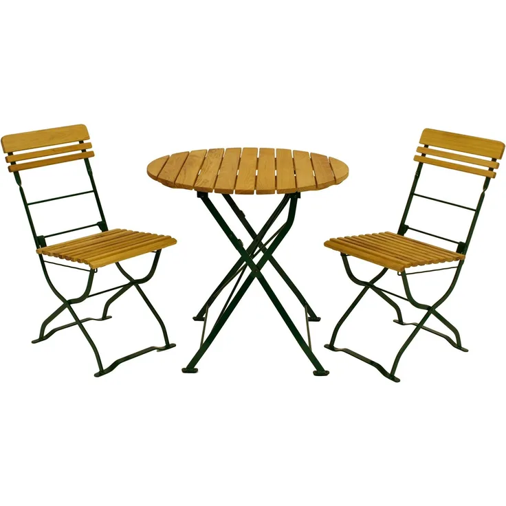 Biergarten - Garnitur MÜNCHEN 3-teilig (2x Stuhl, 1x Tisch 77cm rund), Flachstahl grün + Robinie