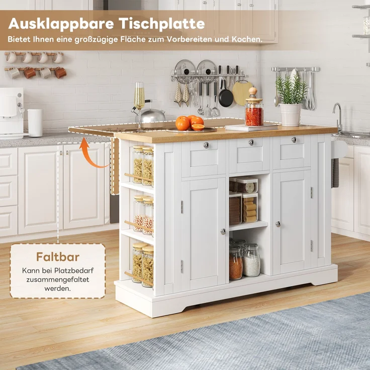 Küchenwagen 132x40(70)x87 cm mit klappbarer Platte, Steckdose, 3 Schubladen und 5 Rollen im Landhausstil Weiß/Natur – Bild 10