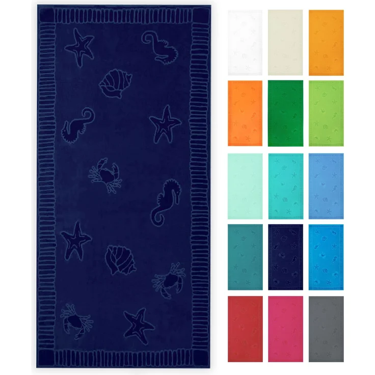 ZOLLNER Strandtuch XXL aus Baumwolle, 100x200 cm, dunkelblau mit Meerestiermotiven – Bild 1