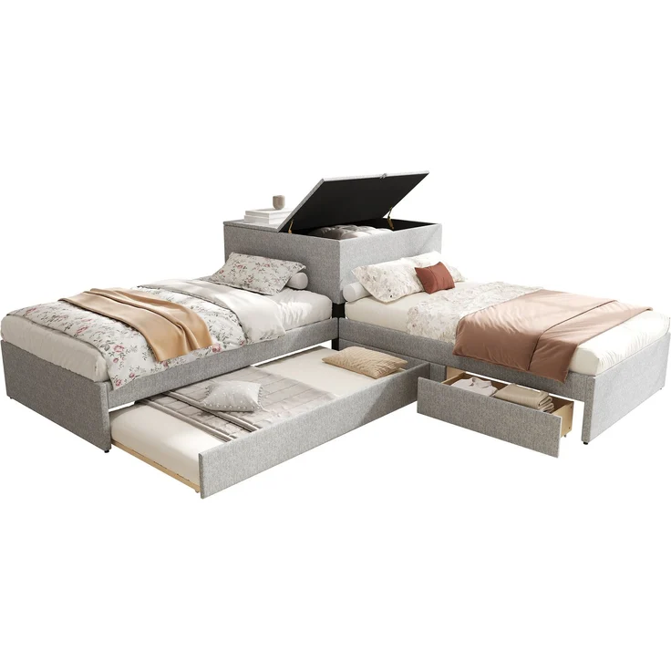 EINHOM Eckbett, Zwei Einzelbett mit Ausziehbett, Polsterbett, Funktionsbett mit Stauraum, mit Stauraumschrank, mit Stauraumschublade, mit Ausziehbett, 90 x 200 cm, Leinen, Grau, (Ohne Matratze) – Bild 5