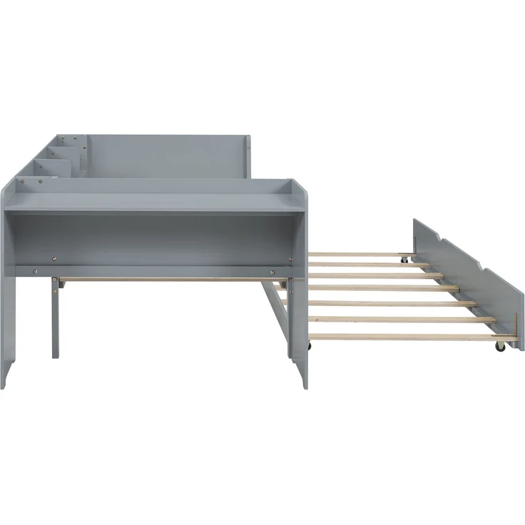 Kinderbett 90x200 cm mit ausziehbarem Rollbett, Schreibtisch & seitlichen Regalen, Funktionsbett aus Kiefernholz Grau – Bild 7