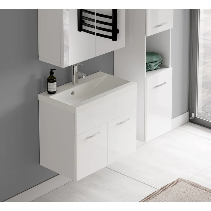 Badplaats Badmöbel Komplettset Montreal 60x35 cm Weiß Hochglanz - Badezimmermöbel mit Waschbecken, Spiegelschrank und Badezimmerschrank – Bild 4