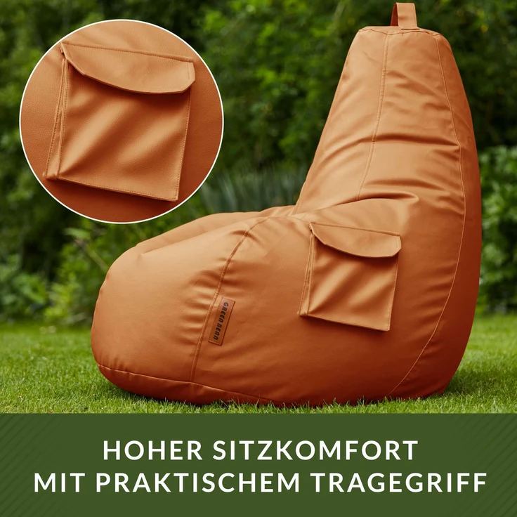 Green Bean® Sitzsack aus Kunstleder mit EPS Perlen Füllung - 90 x 80 x 70 cm - Bean Bag - Gaming Chair Rückenlehne - Cognac – Bild 5