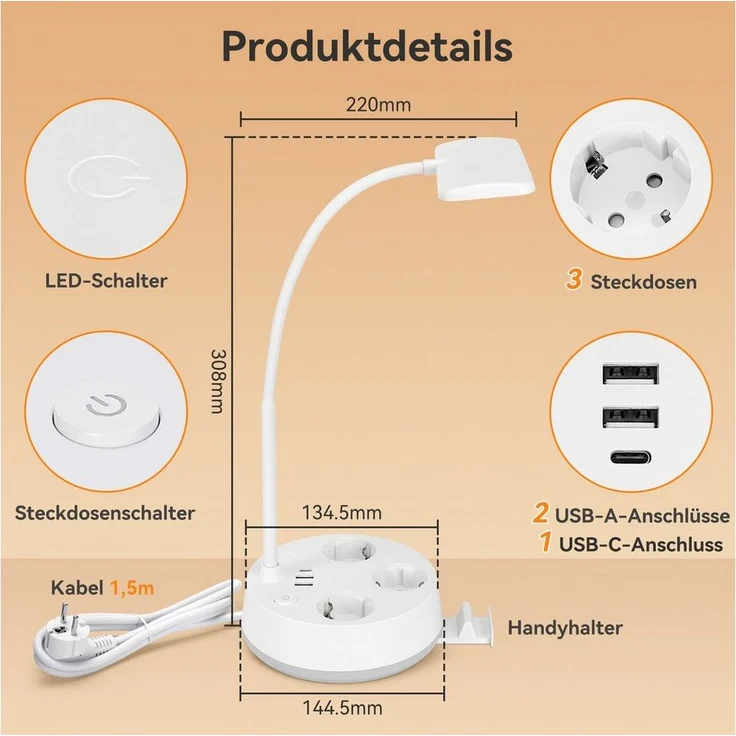 Aigostar Steckdosenleuchte Touch-Tischlampe mit USB & Typ-C, 3 Farben, Dimmen,Weiß – Bild 2