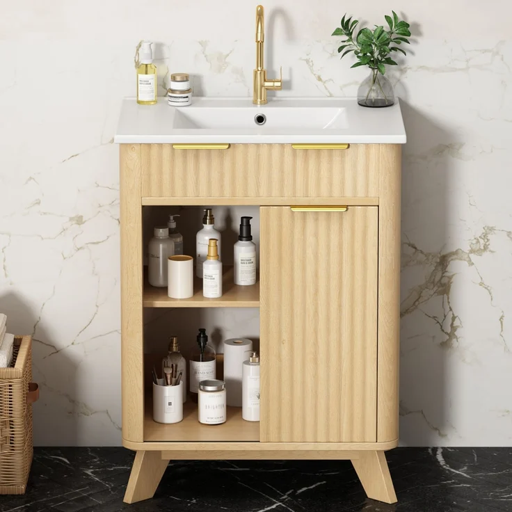 Waschtischkommode 61 x 47 x 90 cm aus MDF mit Keramikwaschbecken, Schiebetür und Wellenstruktur – Bild 3