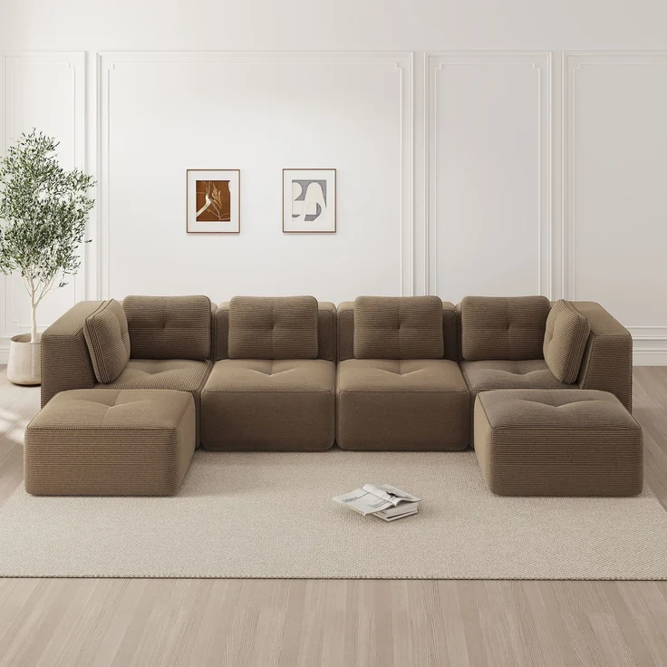 EINHOM Modulares Wohnzimmersofa ohne Gestell, modulares Ecksofa, U-förmiges Sofa mit Ottomane, tiefes Schlafsofa, rutschfestes Design, keine Montage erforderlich, braun – Bild 3