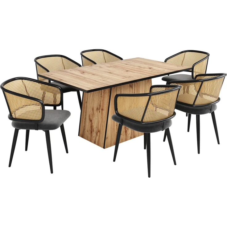 6 Esszimmerstühle mit Rattan-Rückenlehne & Samtkissen, 47x47x79 cm, Grau – Bild 2