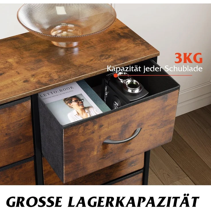 WLIVE Kommode mit 6 Schubladen aus Stoff, Kommodenschrank für Schlafzimmer, Kommode Wohnzimmer, mit Stabiler Stahlrahmen, Holzplatte, Vintagebraun-Schwarz – Bild 7
