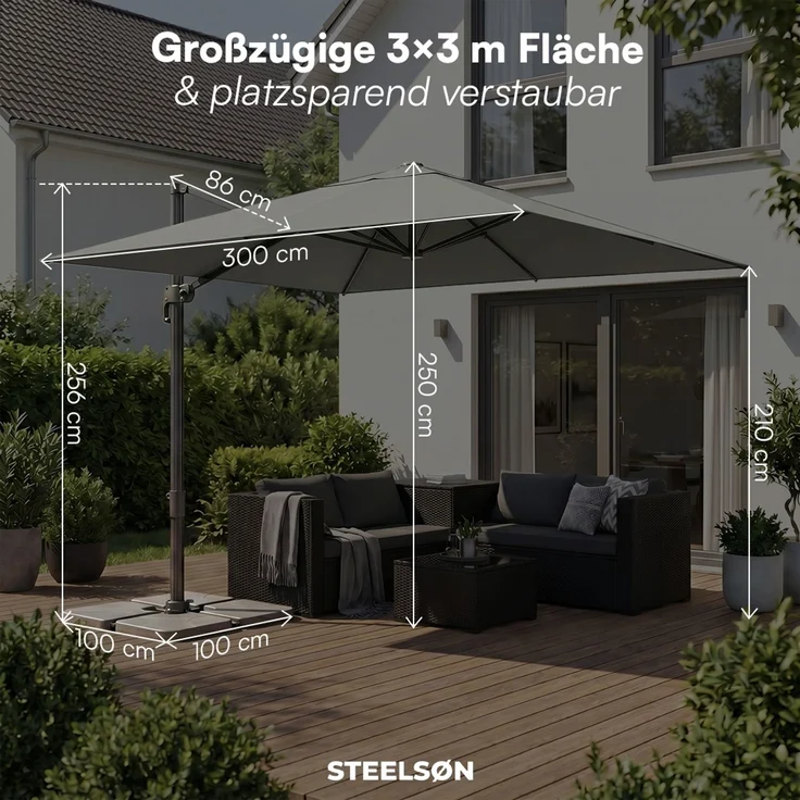 STEELSØN 'Lyrion' Sonnenschirm 300x300 cm quadratisch, neigbar und 360-Grad drehbar, anthrazit, Ampelschirm inkl. Abdeckung, UV50+ – Bild 9