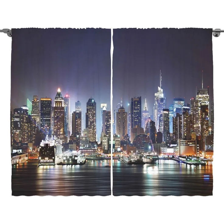 Abakuhaus Gardine Schlafzimmer Kräuselband Vorhang mit Schlaufen und Haken, New York Manhattan-Skyline nachts