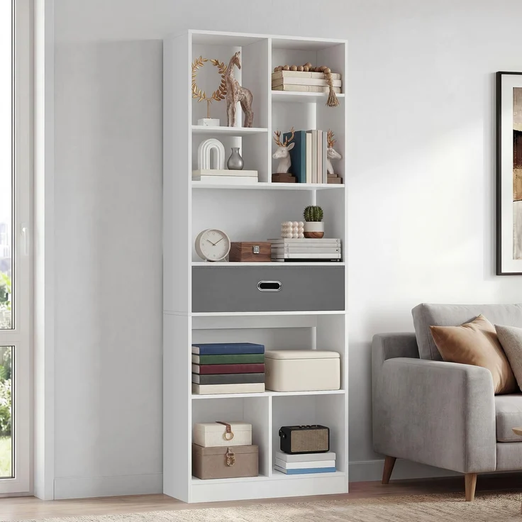 YITAHOME Hohes Bücherregal, freistehendes Regal mit 7 offenen Fächern und 1 Stoffschublade für Wohnzimmer, Schlafzimmer, Büro, Weiß, 60 B × 24 T × 170 H cm