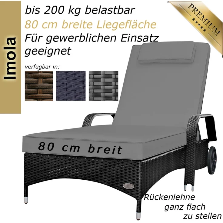Sonnenliege Imola 5 Sterne Premium Liege aus Polyrattan mit verstellbarer Rückenlehne, inkl. Auflage wie abgebildet, Liegenfarbe Schwarz mit grauer Auflage – Bild 2