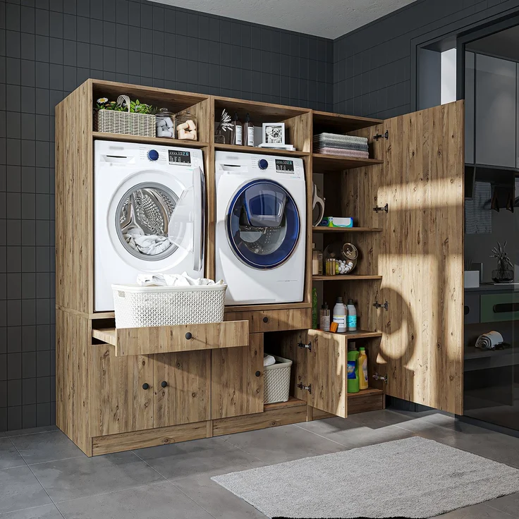 Roomart Schrankwand für Waschküche & Hauswirtschaftsraum - SERIE 1 - 194 cm breit, mit Ausziehbrett & Stauraum, Waschmaschinen-Schrankkombination • Eiche – Bild 2