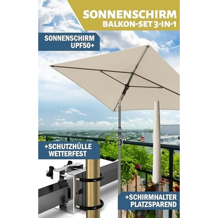 Menz Sonnenschirm Balkon - 3-IN-1 Sonnenschutz Balkon SET in Beige, UPF 50+ Sonnenschirm rechteckig 200x125 cm + Metall Sonnenschirmhalter Balkongeländer + Sonnenschirmhülle – Bild 2