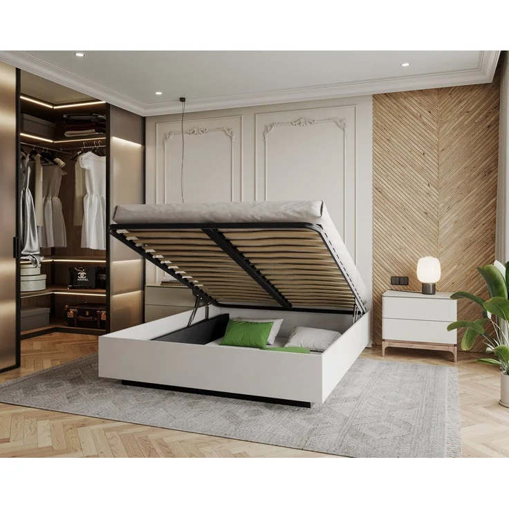 thematys Stauraumbett mit Bettkasten & Lattenrost – schwebendes Design 140x200cm, mit 28 cm 7-Zonen-Wende-Taschenfederkern H3/H4, mit hydraulischer Klappfunktion, Weiß – Bild 5