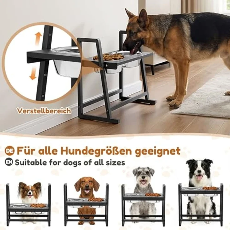 Yorbay Futternapf Hundenapf-Ständer höhenverstellbar, Edelstahl, 4-fach verstellbar, sicherer Stand, schwarz, 2X 1200ml Edelstahlnäpfen – Bild 3