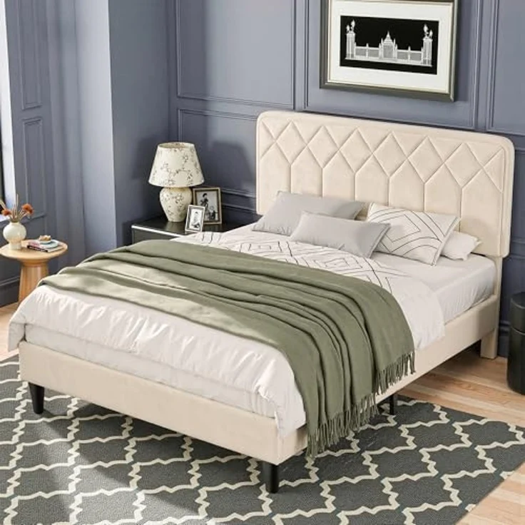 VECELO Doppelbett, gepolstert, 140 x 190 cm, Plattformrost, Lattenrost aus robustem Holz, kein Boxspringbett erforderlich, Velours-Stoff, einfach zu montieren, Beige – Bild 3
