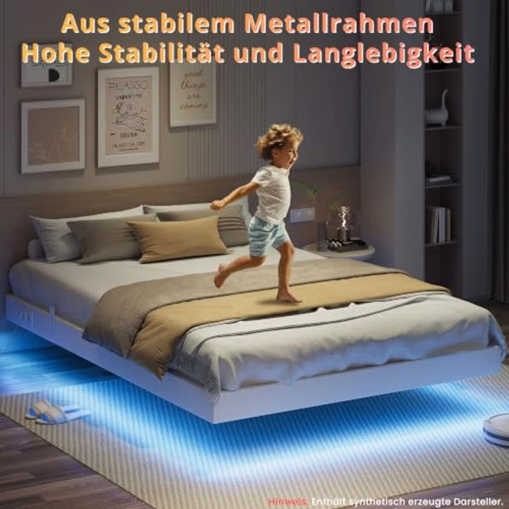 IRONCK Bettgestell 140x200 cm, Schwebender Bett mit LED Beleuchtung, Gepolsterte Seitenwände, 2 AC-Steckdosen, 2 USB-A-Anschluss, 1 USB-C-Anschluss, Metallbett mit Lattenrost Doppelbett, Weiß – Bild 5