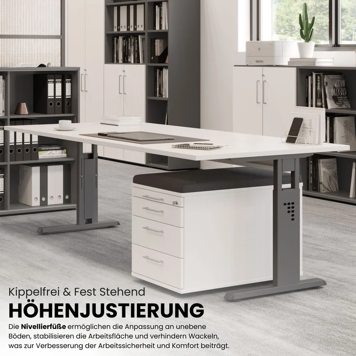 bümö höhenverstellbarer Schreibtisch O-Serie 140x80 cm in Nussbaum, Gestell in Silber - PC Tisch für's Büro manuell höhenverstellbar, Computertisch verstellbar, OS-14-N-S – Bild 2