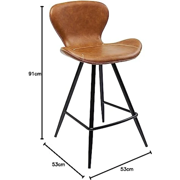 Kare Design Barhocker Rusty, Brauner Barstuhl in Lederoptik mit angedeuteten Armlehnen und Ziernaht, Kontrastnaht, Schwarzes Gestell Vierfuß Metall Stahl, Hocker mit Fußabablage (H/B/T) 91x53x53cm – Bild 3