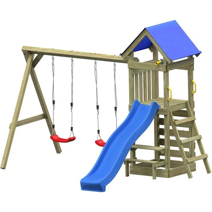 Endorphin Spielturm Minoo Play+, Klettergerüst mit blauem PVC-Dach, Wellenrutsche, Schaukel, Kletterwand und Sandkasten, 354 x 291 x 258 cm