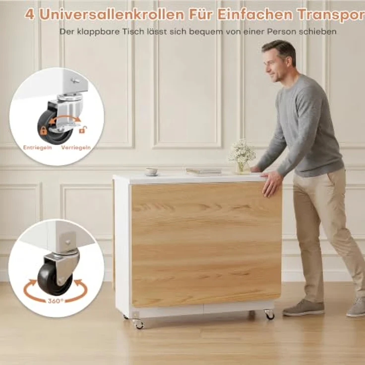 Jocoevol Platzsparender klappbarer Esstisch für 4 Personen, Klappbarer Esstisch mit Schublade und Ablagefach,Küchen und Esszimmertisch mit Rollen und Ausklappbarer Tischplatte für Kleine Räume-Weiß – Bild 7