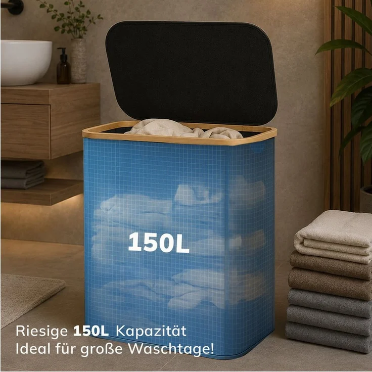 Roxlin Wäschekorb Wäschekorb 150L faltbar mit Deckel, wasserdicht, 2 Taschen – Bild 2