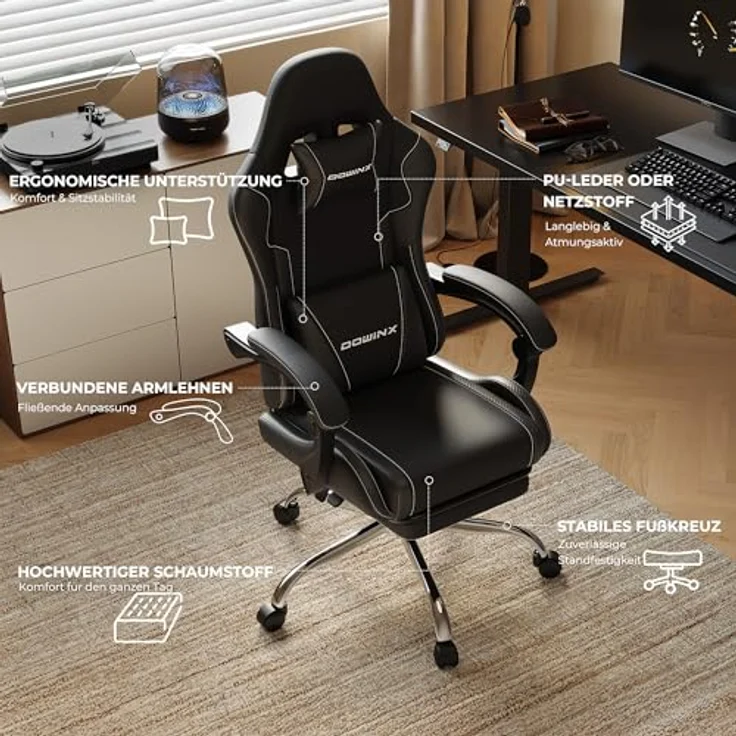 Dowinx Gaming Stuhl, Ergonomischer Gamer Stuhl für Büro und Home Office, Verstellbarer Bürostuhl mit Rückenlehne bis 150°, mit Fußstütze, Belastbar bis 180 kg, Schwarz – Bild 6