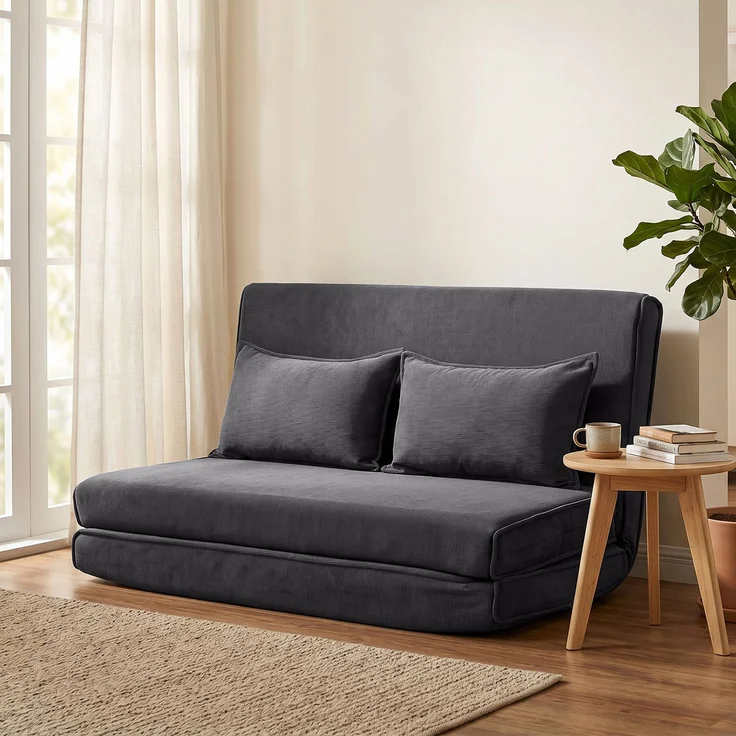 Wohnora-Bodenstuhl mit Rückenlehne, Cord-Klappsofa als Gästebett, Verstellbare Rückenlehne, Breiter Sitz, Dunkelgrau,H 74cm x T 135cm x B 88cm – Bild 3