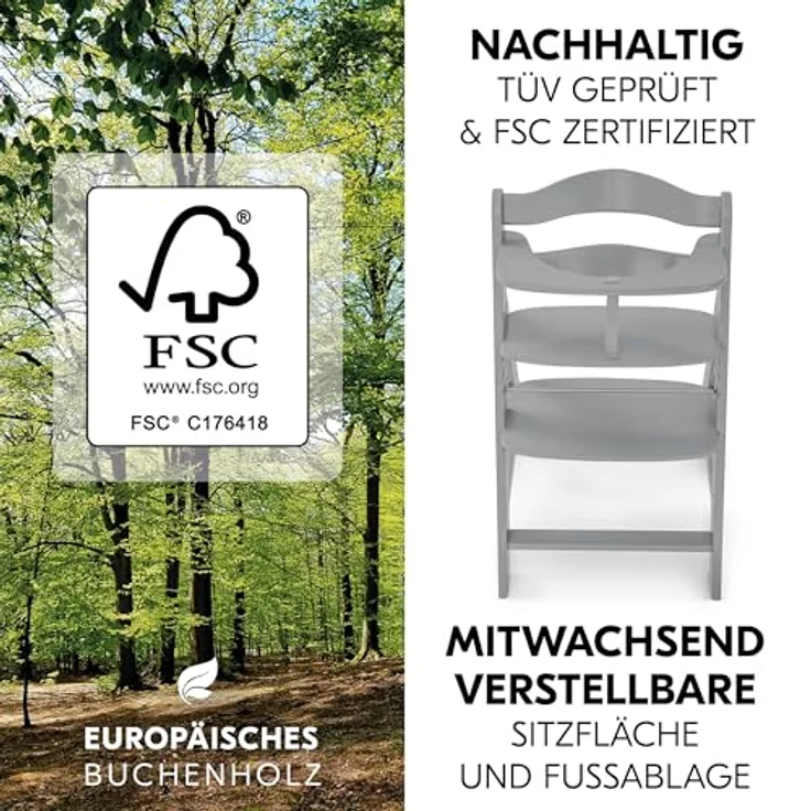 Hauck Alpha Plus Grau Newborn Set Deluxe - Baby Holz Hochstuhl ab Geburt mit Liegefunktion - inkl. Aufsatz für Neugeborene & Sitzpolster - mitwachsend, verstellbar - Grau – Bild 9