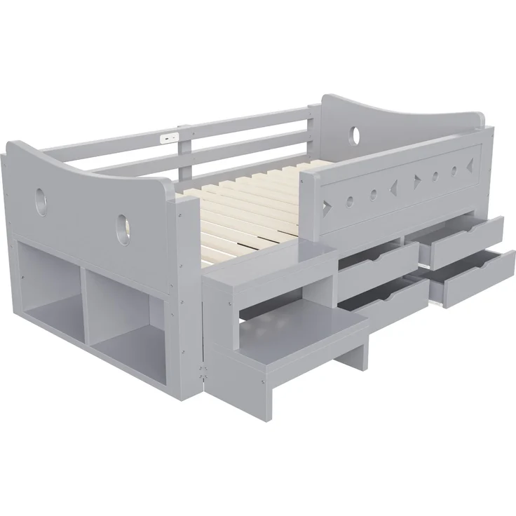 Kinderbett 90×200 cm mit Sicherheitsgittern, Stauraum und LED, Grau, ohne Matratze – Bild 5