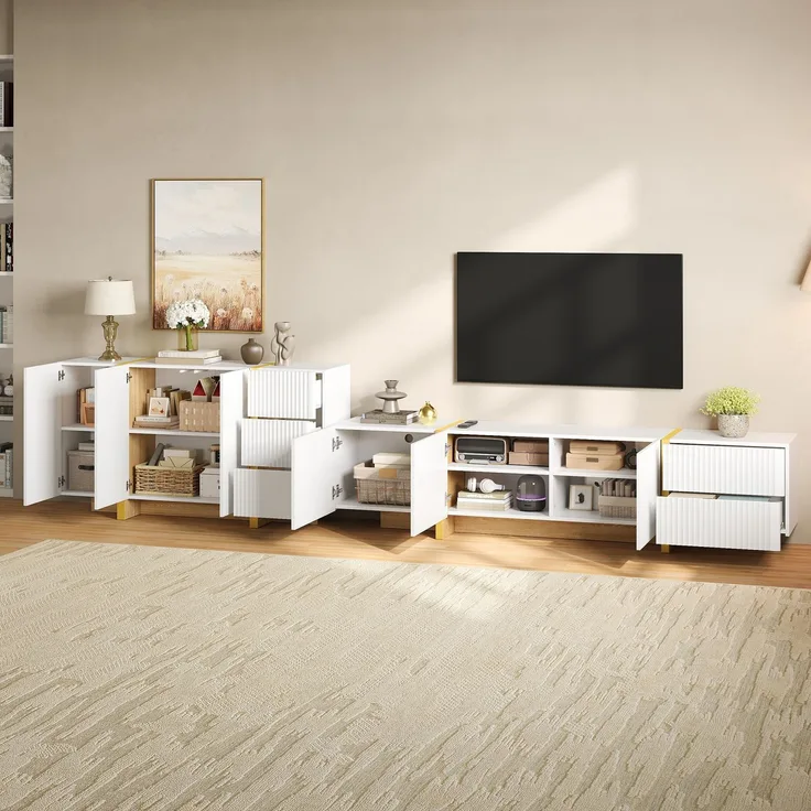 TV-Schrank-Set 190x35x45 cm mit Sideboard 140x36x75 cm, Weiß, Rillenfront